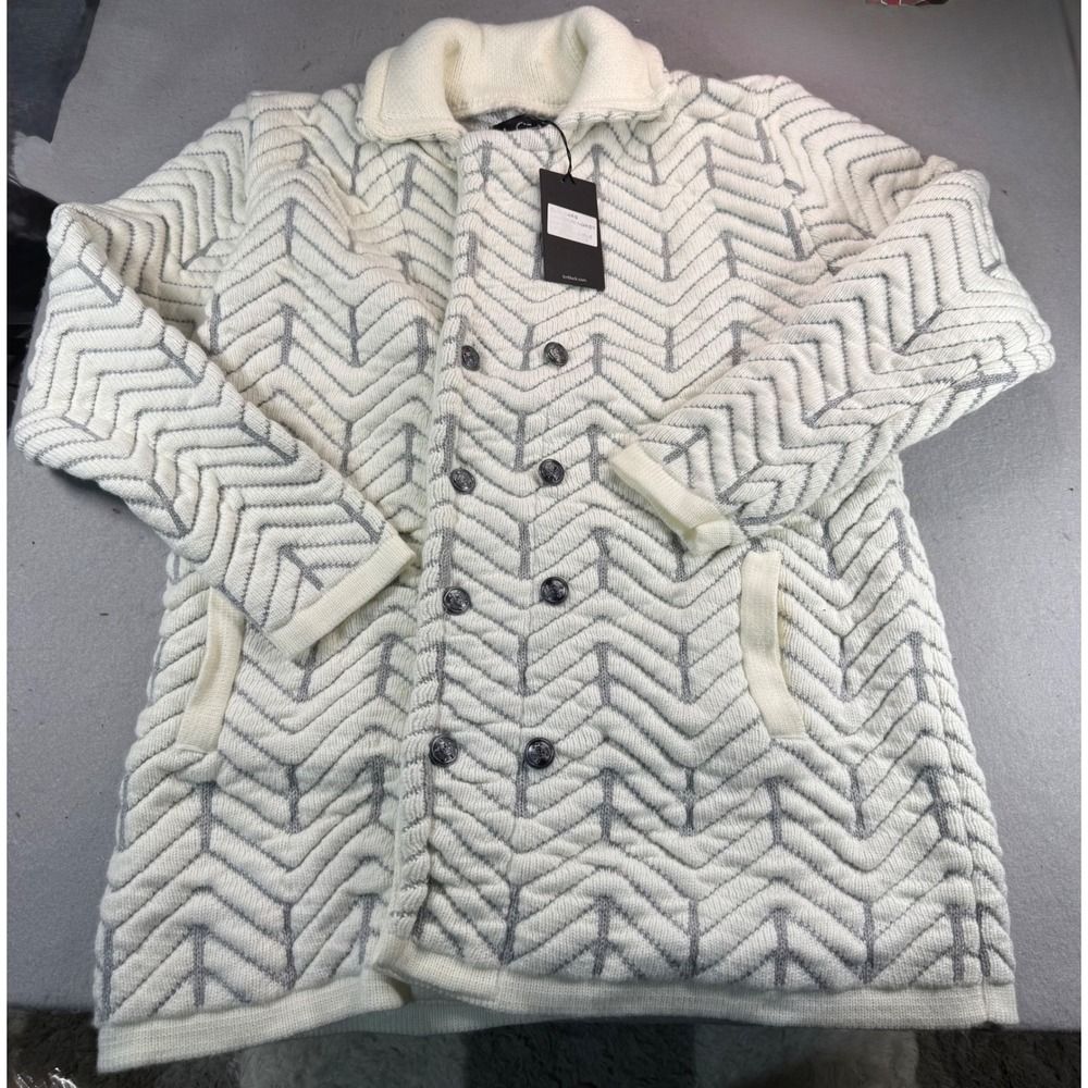 LCR Black Edition Mens 3XL Ecru Grey Chevron Knit Double Breasted Cardigan Coat